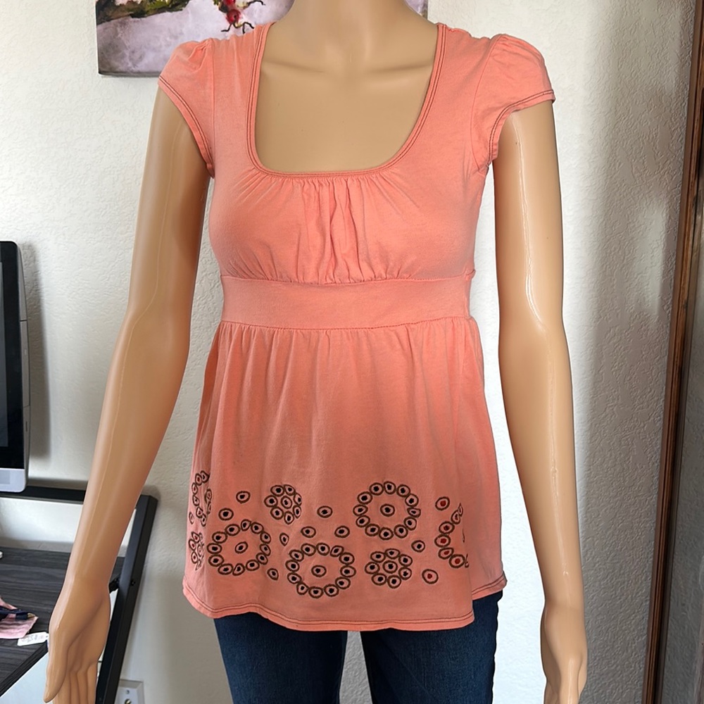 Early 2000’s Live To Be Spoiled Peach w/Brown Embroidery Top